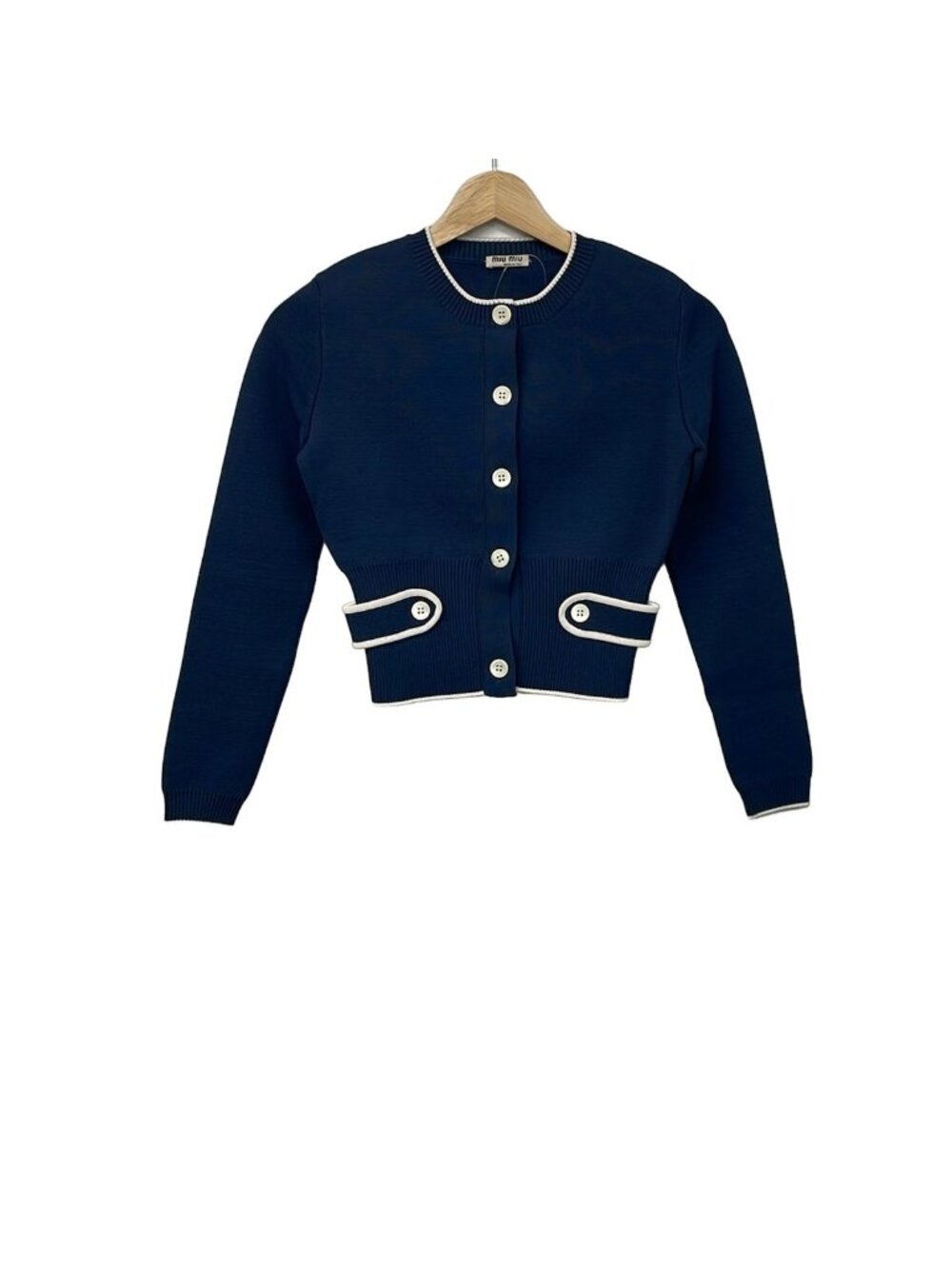 Miu Miu Cardigan S Navy White Long Sleeve Crew